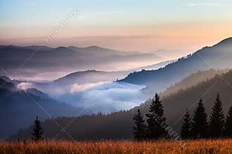 Fog and cloud mountain valley landscape