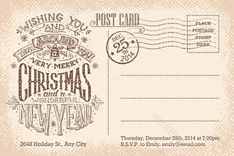 Vintage merry Christmas and New Year holiday postcard