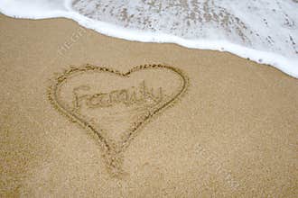 Family written in sand on a beach.