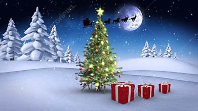 Christmas presents bouncing around tree in winter setting