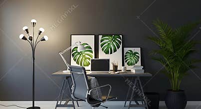 A well-lit home office with a desk chair and plants creates a comfortable workspace