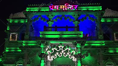 Prem Mandir Vrindavan at Night with Colorful Lights, Radha Krishna Temple Spiritual Landmark India