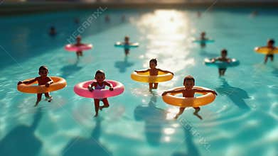 Miniature swimmers enjoying coolness on bright floating rings from colorful