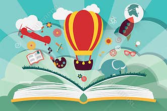 Imagination concept - open book with air balloon