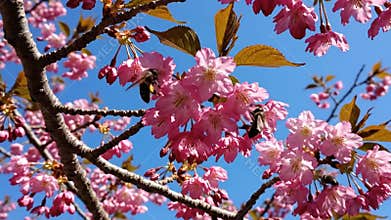 Low-angle view of pink cherry blossoms with bees Good Resolution Stock Video