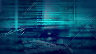 Abstract animated script programming code on desktop computer