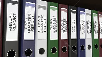 Line of multicolor office binders with Quarter and annual reports tags