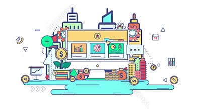 Animation flat line business and workflow technology graphic design in creative business financial sign and symbol icon background