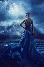Woman Climb Up Stairs to Fantasy Moon Heaven, Fairy Night Girl