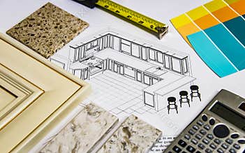 Kitchen renovation design with remodeling selection of kitchen doors, countertops and color paint.