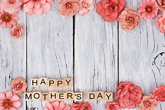 Happy Mothers Day wooden blocks with flower double border on white wood
