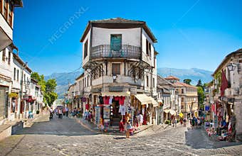 Street scene in Gjirokaster, Albania.