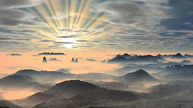 Colorful dawn over misty mountains