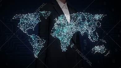 Businesswoman touching screen, Car internet of things technology icon connect global world map, dots makes world map. IoT. 2.