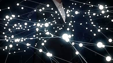 Businesswoman touching screen, Various Health care technology icon connect global world map, dots makes world map. 4.