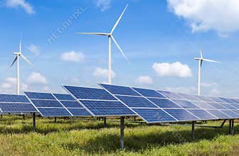 Solar cells and wind turbines in power station alternative renewable energy from nature