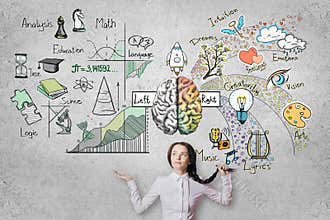 Thoughtful woman with brain sketch