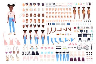 Little girl character constructor. Female child creation set. Different postures, hairstyle, face, legs, hands, clothes