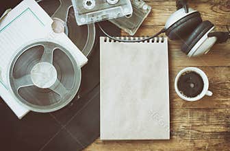 Retro music background, coffee cup, notebook
