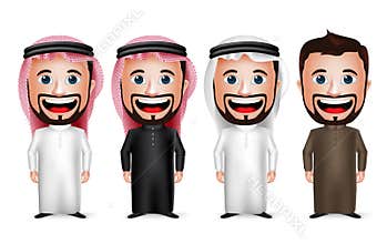 3D Realistic Saudi Arab Man Cartoon Character Wearing Different Traditional Thobe