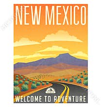 Retro style travel poster United States, New Mexico desert