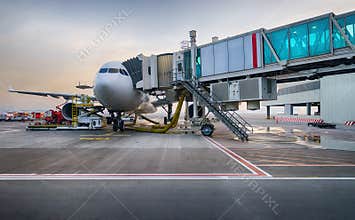 Docked jet aircraft in Dubai airport