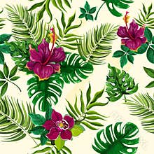Tropical plants flowers seamless pattern
