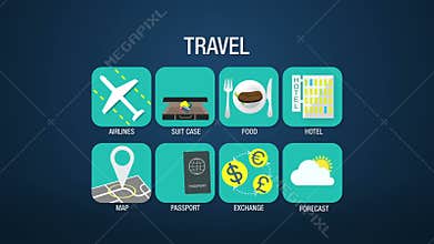 Travel icon set animation,airline,suitcase, food, hotel, map, passport, exchange, weather forecast