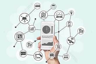 Predictive analytics and big data concept with hand holding modern smart phone to analyze data from marketing, shopping