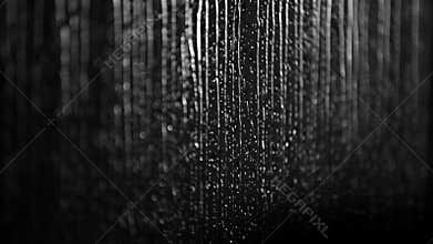 Rainy black and white background: raindrops dripping down the window