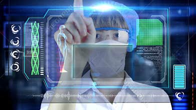 Doctor with futuristic hud screen tablet. Bacteria, virus, microbe.