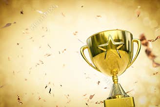 Gold star trophy on gold glitter background