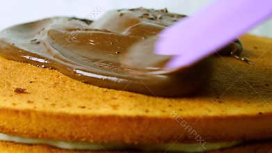 Pouring chocolate over the cake, closeup video