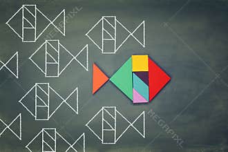 Unique different fish made from tangram puzzle shape