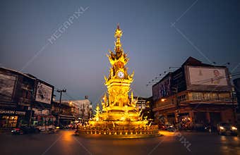 Golden clock tower in Chiang Rai