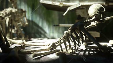 Scary skeletons in old hospital, morgue. Apocalypse horror concept. Realistic cinematic 4k animation.