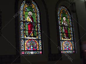 The beautiful windows of the Loretto Chapel in the Cathedral of St Francis of Assisi in Santa Fe New Mexico