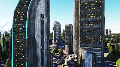 Futuristic city, town. Architecture of the future. Aerial view. Super realistic 4k animation.