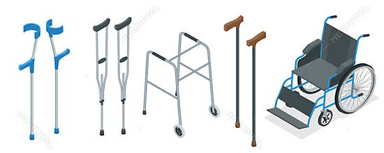 Isometric set of mobility aids including a wheelchair, walker, crutches, quad cane, and forearm crutches. Vector
