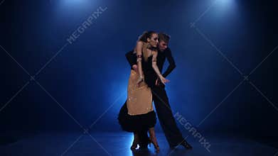 Salsa dancing pair of professional elegant dancers in smoky studio