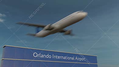 Commercial airplane taking off at Orlando International Airport 3D conceptual 4K animation