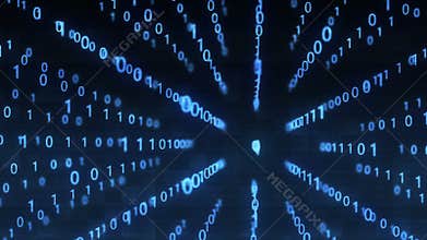 Technological Digital binary data glitch background with binary code. Binary digits 1 and 0 on blue background.