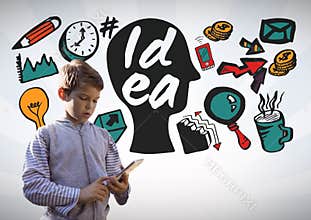 Boy on tablet with colorful idea graphics