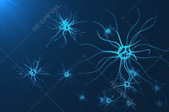 Conceptual illustration of neuron cells with glowing link knots. Synapse and Neuron cells sending electrical chemical