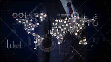Businessman touching screen, connected world people, using communication technology. with economic diagram,chart. social media.