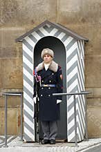 Soldier guard at the Prague Castle - landmark attraction in Prague, Czech Republic