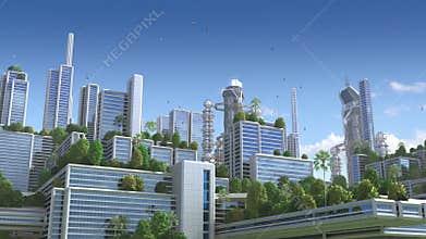 3D Animation of a futuristic `green` city