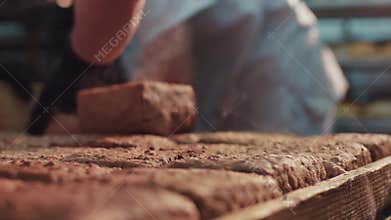 Extreme close up view of steaming hot ready-made loaves of bread sorted by the baker. Bread manufacturing, industry