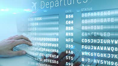 a man typing on his laptop in an airport