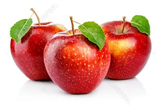 Three red apples with leaf isolated on a white